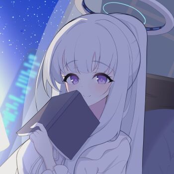 Rule 34 | 1boy, blue archive, blush, book, breasts, commentary request, halo, highres, holding, holding book, large breasts, long hair, looking at viewer, mechanical halo, noa (blue archive), noa (pajamas) (blue archive), on bed, onnti bluarc, purple eyes, smile, solo, upper body, white hair, white halo