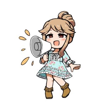 Rule 34 | 1girl, :d, blue dress, boots, brown boots, brown eyes, brown hair, chibi, chibi only, dress, floral print, floral print dress, full body, hair bun, holding, holding megaphone, idolmaster, idolmaster million live!, kuro megane (cat-13), megaphone, open mouth, print dress, sidelocks, simple background, single hair bun, smile, solo, standing, tenkuubashi tomoka, white background