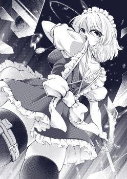 0-den 1girl absurdres apron back_bow bow braid breasts broken_glass commentary_request dress frilled_dress frills glass greyscale highres holding holding_knife izayoi_sakuya knife long_hair looking_at_viewer looking_back maid maid_headdress monochrome pocket_watch puffy_short_sleeves puffy_sleeves short_sleeves solo thighhighs touhou waist_apron watch