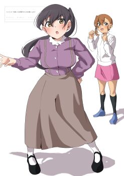 Rule 34 | 2girls, absurdres, akamine ten, black hair, black shoes, black socks, blue eyes, blue shoes, blush, breasts, brown hair, brown skirt, cardigan, clenched hands, collared shirt, floating hair, full body, hair between eyes, hair ornament, hairclip, hand on own hip, highres, ishimine koito, large breasts, long hair, long skirt, long sleeves, looking at viewer, love live!, love live! nijigasaki high school idol club, love live! nijigasaki high school idol club the movie - finale, mary janes, miniskirt, multiple girls, odaibako, open mouth, pink skirt, purple cardigan, request inset, shadow, shirt, shoes, side ponytail, simple background, skirt, socks, standing, suspender skirt, suspenders, tan, uchuu no mozuku, white background, white shirt, white socks, yellow eyes