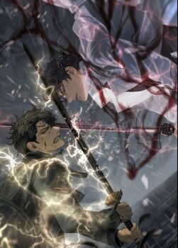 2boys black_coat black_hair black_shirt blackbox_(blackbox9158) blood blood_on_face clenched_teeth coat dutch_angle embers fighting glaring holding holding_sword holding_weapon kim_dokja lightning looking_at_another male_focus multiple_boys official_art omniscient_reader's_viewpoint open_clothes open_coat popped_collar shirt short_hair smoke sword teeth third-party_source upper_body weapon white_coat yoo_joonghyuk