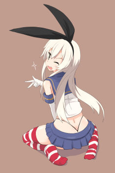 1girl :d animal_ear_hairband animal_ears black_hairband black_panties blonde_hair blue_sailor_collar blue_skirt blush brown_background commentary_request crop_top cropped_shirt double-parted_bangs elbow_gloves fake_animal_ears from_above from_behind full_body gloves green_eyes hair_between_eyes hairband highleg highleg_panties kantai_collection kugui_kiyunemu long_hair long_sidelocks looking_at_viewer microskirt one_eye_closed open_mouth panties pleated_skirt rabbit_ear_hairband rabbit_ears red_thighhighs sailor_collar shadow shimakaze_(kancolle) shirt sidelocks simple_background sitting skirt sleeveless sleeveless_shirt smile solo sparkle striped_clothes striped_thighhighs thighhighs turning_head underwear w white_gloves white_shirt