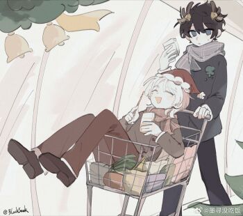 2boys :d akinashi_haru antlers bell blackseek box brown_jacket chinese_commentary christmas commentary_request food grey_jacket hat holding holding_box horns in_shopping_cart jacket knees_up male_focus multiple_boys open_mouth plaid_clothes plaid_scarf pocky reindeer_antlers saihate_eki santa_hat scarf shopping_cart smile standing tatsunami_shion