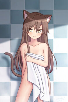 1girl animal_ear_fluff animal_ears arashio_(kancolle) breasts brown_hair cat_ears cat_girl cat_tail completely_nude covering_privates highres kantai_collection kemonomimi_mode konato_k long_hair looking_at_viewer nude nude_cover small_breasts smile tail towel yellow_eyes