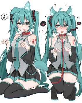 1girl ? ahoge animal_ear_fluff animal_ears aqua_eyes aqua_hair aqua_nails aqua_necktie aqua_tail aqua_trim bare_shoulders black_boots black_skirt black_sleeves blush boots breasts collar collared_shirt commentary_request detached_sleeves dog_ears dog_girl dog_tail dot_nose fangs frilled_shirt frills full_body grey_shirt hair_between_eyes hair_ornament hatsune_miku heart heart-shaped_pupils highres kemonomimi_mode leash long_hair long_sleeves looking_at_viewer loose_necktie medium_breasts miniskirt multiple_views musical_note nail_polish necktie number_tattoo open_mouth paw_pose pleated_skirt red_collar red_leash shirt shoulder_tattoo sidelocks simple_background single_ear_down sitting skin_fangs skirt sleeveless sleeveless_shirt spoken_heart spoken_musical_note symbol-shaped_pupils tail tattoo thigh_boots thighhighs thighs tie_clip tongue twintails untucked_shirt very_long_hair vocaloid waimoniku wariza white_background wide_sleeves zettai_ryouiki