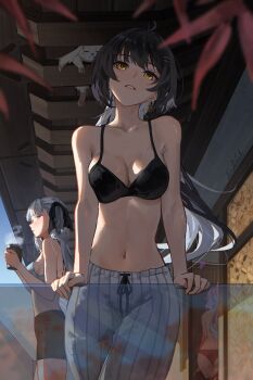 3girls abby_(wuthering_waves) absurdres alternate_costume back bare_shoulders black_bra black_shorts blush bra breasts changli_(wuthering_waves) cleavage collarbone colored_eyelashes commentary cup earrings english_commentary erikvarts female_rover_(wuthering_waves) grey_pants hair_ornament hairclip highres holding holding_cup implied_yuri jewelry jinhsi_(wuthering_waves) long_hair looking_at_another looking_at_viewer low_ponytail medium_breasts multiple_girls navel no_shirt panties pants parallel_hairclips parted_lips pink_hair ponytail red_panties rover_(wuthering_waves) shorts stomach tacet_mark_(wuthering_waves) triangle_earrings underwear white_bra white_eyelashes white_hair wuthering_waves yellow_eyes