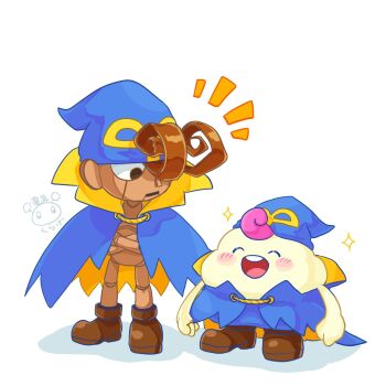 artist_logo blue_cape blue_headwear blush_stickers cape cosplay crossed_arms denkikurage1105 geno_(mario) geno_(mario)_(cosplay) happy highres joints logo looking_at_another mallow_(mario) mario_(series) nintendo open_mouth puppet robot_joints shoes simple_background star_(symbol) super_mario_rpg surprised teeth tongue two-sided_cape two-sided_fabric upper_teeth_only white_background yellow_cape