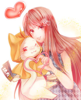 1girl ;3 ahoge animal argyle_clothes argyle_dress bare_arms bare_shoulders belt blue_dress blunt_bangs bracelet brown_eyes cat cloak clothed_animal clover_hair_ornament commentary_request coupon cowboy_shot dot_nose dress ear_covers eyelashes four-leaf_clover_hair_ornament hair_ornament hairclip happy heads_together heart heart_hands heart_hands_duo holding hood hood_up hooded_cloak jewelry light_blush light_particles lips long_hair long_sidelocks loose_hair_strand miracle_nikki momo_(nikki) nikki_(nikki) nikki_(series) one_eye_closed parallel_hairclips parted_lips pink_hair pleated_dress setotamaki sidelocks simple_background sleeveless sleeveless_dress smile standing teeth unmoving_pattern very_long_hair whiskers white_background white_belt white_cat yellow_cloak