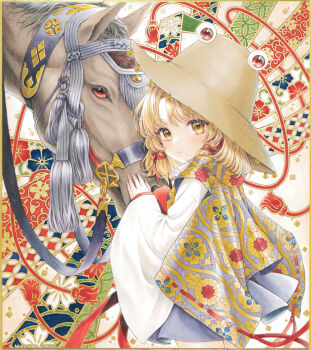 Rule 34 | 1girl, 2026, artist name, blonde hair, bridle, brown hat, brown horse, cape, closed mouth, commentary request, embellished costume, floral print, hair ribbon, hat, horse, long sleeves, looking at viewer, marker (medium), moriya suwako, purple cape, red ribbon, reins, ribbon, s.mamiya, solo, touhou, traditional media, wide sleeves, yellow eyes