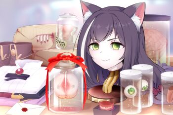 1girl animal_ear_fluff animal_ears black_hair blood brain cat_ears cat_girl cervix convenient_censoring dilation_tape dissection empty_eyes english_text ero_guro eyeball fallopian_tubes female_focus folded_clothes green_eyes guro jar karyl_(princess_connect!) letter multicolored_hair organs ovaries princess_connect! profanity pussy severed_head shoes smile solo solo_focus spread_pussy streaked_hair tape taxidermy tongue unworn_shoes uterus veryred wax_seal white_hair