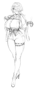 1girl black_corset breasts brid_(nikke) brid_(silent_track)_(nikke) chest_harness corset cup earrings full_body gloves goddess_of_victory:_nikke greyscale hair_over_one_eye half_gloves harness high_heels highres holding holding_cup hoop_earrings indinu jacket jacket_on_shoulders jewelry large_breasts monochrome pants sideboob sideless_shirt sidelocks simple_background sketch solo thigh_strap tight_clothes tight_pants white_background white_pants