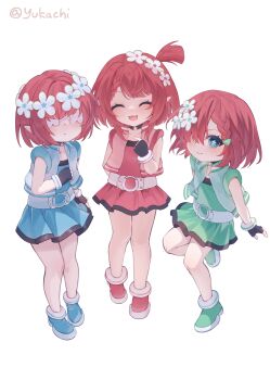 Rule 34 | 3girls, :3, absurdres, belt, black choker, black gloves, blossom (ppg), blossom (ppg) (cosplay), blue dress, blue footwear, blush, bubbles (ppg), bubbles (ppg) (cosplay), buttercup (ppg), buttercup (ppg) (cosplay), choker, closed eyes, closed mouth, cosplay, covered eyes, dress, eyebrows hidden by hair, flat chest, flower, flower-shaped pupils, full body, gloves, green dress, green footwear, hair between eyes, hair flower, hair ornament, hair over one eye, highres, honkai: star rail, honkai (series), looking at viewer, multiple girls, open mouth, partially fingerless gloves, pointing, pointing at self, pointy ears, powerpuff girls, red dress, red shoes, shoes, short hair, simple background, smile, standing, standing on one leg, symbol-shaped pupils, trianne (honkai: star rail), tribbie (honkai: star rail), trinnon (honkai: star rail), white background, yukachiee