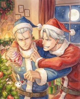 blue_eyes brothers christmas christmas_ornaments christmas_tree coat commentary dante_(devil_may_cry) devil_may_cry_(netflix) devil_may_cry_(series) english_commentary fur-trimmed_headwear fur_trim gift hat highres jacket official_art open_mouth red_coat red_hat santa_costume santa_hat short_hair siblings smile vergil_(devil_may_cry) white_hair