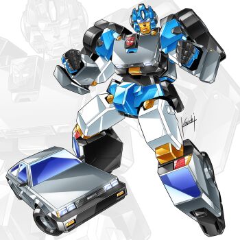 autobot delorean highres kouichi_(kouichi-129) looking_at_viewer mecha mecha_focus multiple_forms robot signature smirk swindler_(transformers) transformers transformers_zone zoom_layer