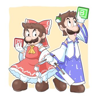 2boys :d arm_up ascot bloomers blue_skirt border bow brothers brown_background brown_hair brown_shoes collared_shirt color_connection commentary cosplay crossdressing crossdressing_(mtf) facial_hair frilled_bow frills frog_hair_ornament gohei hair_bow hair_ornament hakurei_reimu hakurei_reimu_(cosplay) highres holding kochiya_sanae kochiya_sanae_(cosplay) long_sleeves luigi male_focus mario mario_(series) multiple_boys mustache nintendo nontraditional_miko open_mouth red_bow red_shirt red_skirt shirt shoes siblings skirt sleeveless sleeveless_shirt smile standing touhou underwear white_bloomers white_border white_sleeves wide_sleeves yellow_ascot zenji029