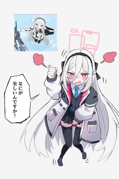 Rule 34 | 1girl, absurdres, angry, black hairband, black shoes, black thighhighs, blue archive, blue necktie, clenched hand, commentary request, game screenshot inset, grey background, hair between eyes, hairband, highres, jacket, kei (blue archive), kei (new body) (blue archive), long sleeves, looking at viewer, necktie, red eyes, reference inset, screenshot inset, shoes, simple background, solo, thighhighs, tonkotsu frappuccino, white hair