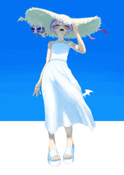 Rule 34 | 2girls, absurdres, arm up, blue sky, blush, chibi, commentary, darkstalkers, dress, fang, from below, hand on own hat, hat, highres, lilith (darkstalkers), multiple girls, nojob hiro, open mouth, pink eyes, platform sandals, purple hair, q-bee, sandals, skin fang, sky, spaghetti strap, straw hat, sun hat, sundress, sweat, very sweaty, white dress, white sandals