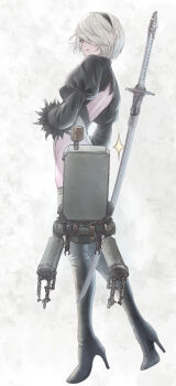1girl 2b_(nier:automata) absurdres back_cutout bare_back black_boots black_hairband black_thighhighs blue_eyes boots breasts closed_mouth clothing_cutout commentary english_commentary feather-trimmed_sleeves floating_weapon_behind_back from_side full_body hair_over_one_eye hairband high_heels highleg highleg_leotard highres juliet_sleeves leotard lipgloss long_sleeves looking_at_viewer looking_to_the_side mole mole_under_mouth nier:automata nier_(series) pink_lips pod_(nier:automata) puffy_sleeves short_hair solo_focus standing sword thigh_boots thighhighs thighhighs_under_boots tomozoo83 turtleneck weapon white_hair white_leotard