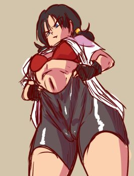 1girl bike_shorts black_hair blue_eyes bra cameltoe dragon_ball dragonball_z female_focus highres lemonjoojoo long_shirt pulling red_bra shirt shueisha twintails underwear videl wedgie white_shirt