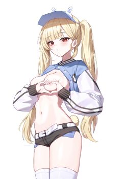 1girl absurdres animal_ears baseball_club_mob_(draco) belt black_shorts blonde_hair blue_jacket breasts cleavage closed_mouth commission cowboy_shot cropped_jacket exposed_pocket expressionless fake_animal_ears fake_tail heart heart_hands highres jacket long_hair long_sleeves looking_at_viewer medium_breasts micro_shorts navel nipples no_bra open_clothes open_jacket original rabbit_ears rabbit_tail red_eyes second-party_source shorts simple_background skindentation solo stomach tail taiyaki12 thighhighs thighs twintails very_long_hair visor_cap white_background white_sleeves white_thighhighs