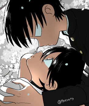 1boy 1girl black_eyes black_hair cherry_blossoms close-up commentary_request couple eye_contact face-to-face gakuran highres looking_at_another original petals school_uniform serafuku short_hair takanashi_atashi