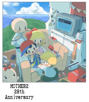 Rule 34 | 1girl, 3boys, baseball bat, baseball cap, black hair, blonde hair, blue sky, blush, bow, calendar (object), chest of drawers, doseisan, dougi, dress, game console, glasses, grass, green pants, hair bow, hat, heart, highres, jeff andonuts, karate gi, looking at viewer, mother (series), mother 2, multiple boys, mushroom, ness (mother 2), nintendo, ocean, open mouth, pants, paula (mother 2), pink dress, playing games, poo (mother 2), red bow, red shoes, rocket, rumichica, shirt, shoes, shorts, sitting, sky, socks, striped clothes, striped shirt, television, v, white shirt, white socks, wii u