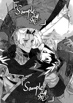2boys acer_findo arm_around_neck black_cloak black_hair black_nails black_sclera cloak closed_mouth colored_sclera commentary commission english_commentary gorget grey_hair greyscale hades_(series) hades_1 highres male_focus monochrome multiple_boys nail_polish open_mouth pale_skin parted_bangs sample_watermark screentones short_hair smile tan thanatos_(hades) toga upper_body watermark yaoi zagreus_(hades)