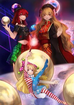 3girls american_flag_dress american_flag_legwear arm_up artist_name bare_shoulders beads belt black_choker black_dress black_hat black_shirt blonde_hair blue_sky chain chinese_clothes choker closed_mouth clothes_writing clownpiece commentary_request cowboy_shot crescent crescent_print dalachi_(headdress) dress earth_(ornament) energy fire flying full_body full_moon gold_chain green_skirt hair_between_eyes hand_up hat heart heart_print hecatia_lapislazuli highres holding holding_torch jester_cap junko_(touhou) leg_up legacy_of_lunatic_kingdom long_hair long_sleeves looking_at_viewer looking_up mandarin_collar medium_hair midriff moon moon_(ornament) multicolored_skirt multiple_girls navel neck_ribbon neck_ruff neold no_shoes no_wings ocean off-shoulder_shirt off_shoulder open_mouth orange_hair pantyhose phoenix_print pink_eyes pink_hat plaid_clothes plaid_skirt polka_dot_headwear pom_pom_(clothes) red_belt red_eyes red_hair red_skirt red_tabard ribbon shirt short_sleeves skirt sky smile space standing star_(sky) star_(symbol) star_print starry_sky striped_clothes striped_dress striped_pantyhose t-shirt tabard tassel torch touhou underworld_(ornament) watermark wavy_hair wide_sleeves yellow_ribbon