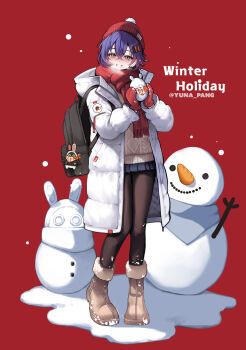 1girl absurdres alternate_costume backpack bag belle_(zenless_zone_zero) black_bag blue_hair boots brown_boots coat crossed_bangs english_text full_body green_eyes highres long_sleeves looking_at_viewer miniskirt mittens open_clothes open_coat red_background red_mittens red_scarf scarf short_hair simple_background skirt snowman solo standing sweater white_coat winter_clothes winter_coat yuna_(deadawon) zenless_zone_zero