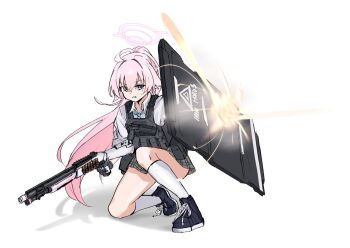 1girl ahoge ballistic_shield bare_legs beretta_1301 beretta_92 black_gloves black_shoes black_skirt blue_archive blue_eyes blue_necktie bullet bulletproof_vest clenched_teeth closed_mouth clov3r collared_shirt gloves gun hair_between_eyes halo handgun heterochromia high_ponytail highres holding holding_gun holding_weapon hoshino_(armed)_(blue_archive) hoshino_(blue_archive) long_hair long_sleeves looking_to_the_side miniskirt necktie official_alternate_costume official_alternate_hairstyle pink_hair pink_halo pleated_skirt ponytail projectile_trail school_uniform shield shirt shoes shotgun shotgun_shell simple_background skirt socks tactical_school_uniform teeth thighs v-shaped_eyebrows very_long_hair vest weapon white_shirt white_socks yellow_eyes