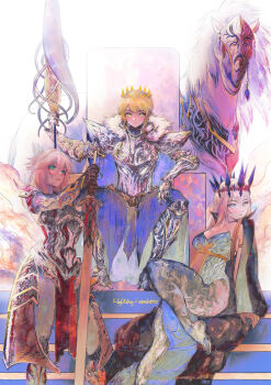 Rule 34 | 3girls, absurdres, armor, armored animal, artist name, artoria pendragon (fate), artoria pendragon (lancer) (fate), blonde hair, blue hair, breasts, camelot (fate/grand order), cape, clarent (fate), cleavage, commentary request, crown, cuirass, dress, dun stallion (fate), fate/grand order, fate (series), faulds, fur-trimmed armor, fur trim, gauntlets, greaves, green eyes, hair between eyes, highres, holding, holding polearm, holding sword, holding weapon, horse, knight, lance, liguangze, lion king (lancer) (fate), looking at viewer, mordred (fate), morgan le fay (fate), morgan le fay (fate/apocrypha), multiple girls, pauldrons, planted, planted sword, planted weapon, polearm, rhongomyniad (fate), shoulder armor, sitting, sitting on stairs, sitting on throne, stairs, strapless, strapless dress, sword, throne, weapon