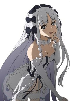 Rule 34 | 1girl, albert lee, bare shoulders, black bow, black nails, blush, bow, braid, breasts, cleavage, collar, commentary request, cowboy shot, detached sleeves, dress, fate/strange fake, fate (series), finger to cheek, francesca prelati (fate), frilled collar, frills, garter straps, hair bow, long hair, looking at viewer, medium breasts, open mouth, ringed eyes, simple background, solo, striped clothes, striped dress, very long hair, white background, white dress, white hair, white sleeves