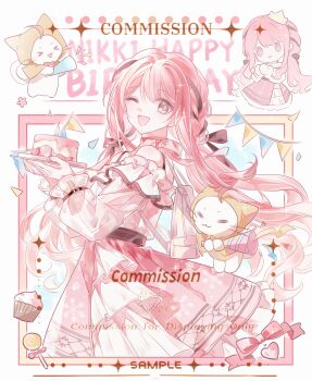 Rule 34 | 1girl, = =, absurdres, ahoge, animal, backpack, bag, belt, belt buckle, birthday, birthday cake, black belt, black bow, black ribbon, bow, bow choker, bowtie, bra strap, brown eyes, buckle, cake, candy, cat, character name, chibi, chinese commentary, choker, cloak, closed mouth, clothed animal, commentary request, commission, confetti, cowboy shot, cropped legs, crown, cupcake, dot nose, ear covers, english text, floating hair, food, frilled shirt, frilled skirt, frilled sleeves, frills, garland (decoration), hair between eyes, hair bow, hair ribbon, happy birthday, high-waist skirt, highres, holding, holding party popper, holding plate, hood, hood up, hooded cloak, infinity nikki, layered skirt, light blush, lollipop, long hair, long sleeves, looking at viewer, low twintails, medium skirt, mini crown, momo (nikki), multiple views, nikki (nikki), nikki (series), off-shoulder shirt, off shoulder, one eye closed, open mouth, outside border, own hands together, party popper, perfect start (infinity nikki), picture frame, pink bow, pink bowtie, pink choker, pink hair, pink skirt, plate, pleated skirt, print skirt, print sleeves, puffy long sleeves, puffy sleeves, red bow, red bowtie, ribbon, sample watermark, see-through clothes, see-through sleeves, shirt, skirt, sleeve belt, smile, snowflake print, solid oval eyes, tian cheng hua, traditional bowtie, tress ribbon, twintails, very long hair, watermark, whiskers, white background, white bag, white cat, white shirt, white skirt, wind, yellow cloak, yellow crown