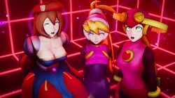20s 3d 3girls ahoge amateurthrowaway android animated antennae arms_at_sides arms_behind_back beret black_bodysuit blonde_hair blue_eyes bodysuit bracelet breasts brown_hair capcom cel_shading chest_jewel ciel_(mega_man) cleavage covered_navel dazed dress female_focus gauntlets gloves glowing gold_bracelet green_eyes green_ribbon hair_between_eyes hair_ribbon happy_trance hat helmet highres hypnosis iris_(mega_man) jewelry large_breasts lights long_hair looking_at_viewer looping_animation medium_breasts mega_man_(series) mega_man_x_(series) mega_man_x_dive mega_man_zero_(series) mind_control multiple_girls multiple_views navel open_mouth pink_bodysuit pink_headwear pink_vest ponytail red_bodysuit red_gauntlets red_gloves red_hat red_headwear reploid ribbon roll.exe_(mega_man) roll_(mega_man) rolling_eyes shiny_clothes skin_tight sleeveless small_breasts smile sound source_filmmaker_(medium) standing swaying swept_bangs tech_control underboob vest video white_headwear