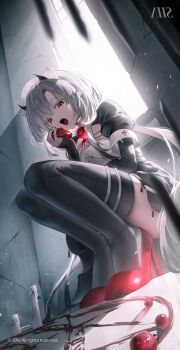 1girl absurdres black_dress candle commentary_request demon_horns dress dutch_angle food frills from_below fruit full_body high_heels highres holding holding_food holding_fruit horns imminent_eating long_hair long_sleeves looking_at_viewer magic_circle open_mouth original red_eyes red_shoes sha_(euiorn) shoes squatting thighs white_hair white_headdress