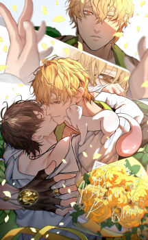 2boys animal animal_on_shoulder black_gloves blonde_hair bouquet brown_eyes brown_hair character_name closed_eyes closed_mouth collared_shirt couple eiden_(nu_carnival) english_text ermine falling_petals fingerless_gloves flower gem gloves green_jacket hair_between_eyes hand_on_another's_back happy_birthday highres holding holding_bouquet hug jacket jewelry kiss looking_at_another male_focus miyamoyan multiple_boys multiple_views necklace nu_carnival off_shoulder orange_eyes parted_lips petals quincy_(nu_carnival) ring rose shirt short_hair single_bare_shoulder smile topper_(nu_carnival) watch weasel white_background white_shirt wristwatch yaoi yellow_flower yellow_gem yellow_petals yellow_rose