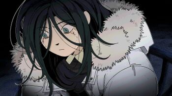 Rule 34 | 1girl, apron, aqua eyes, averting eyes, black apron, black hair, crying, crying with eyes open, fur-trimmed jacket, fur trim, game cg, ira grachevskaya, jacket, long hair, non-web source, nopanamaman, official art, outdoors, portrait, self-datamine, solo, tears, white jacket, z.a.t.o. // i love the world and everything in it