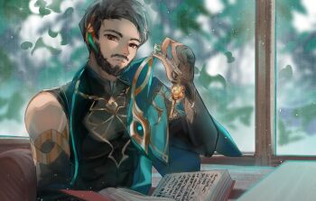 1boy alhaitham_(genshin_impact) animification beard black_gloves black_shirt blurry blurry_foreground book brown_eyes cape chest_jewel closed_mouth commentary compression_shirt detached_sleeves english_commentary facial_hair fingernails gem genshin_impact gloves gold_trim green_cape green_gemstone hair_ornament hand_up highres holding holding_key kanako_(fuwachu) key light_particles long_sleeves looking_at_viewer male_focus mustache nazeeh_tarsha open_book partially_fingerless_gloves pectorals real_life shirt short_hair side_cape sitting solo table tan thick_eyebrows voice_actor voice_actor_connection window