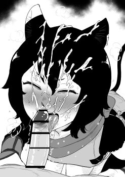 1boy 1girl absurdres animal_ears bar_censor blush body_fur cat_ears cat_girl cat_tail censored closed_eyes cum cum_on_body cum_on_hair dungeon_meshi ejaculation erection facial greyscale hetero highres izutsumi kaiman_garupan monochrome open_mouth penis short_hair solo_focus tail tongue tongue_out