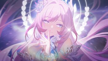 1girl bare_shoulders blue_flower chinese_commentary closed_mouth commentary_request cyrene_(honkai:_star_rail) cyrene_(ripples_of_past_reverie)_(honkai:_star_rail) diamond-shaped_pupils diamond_(shape) earrings flower hair_flower hair_ornament hand_up highres honkai:_star_rail honkai_(series) jewelry long_hair looking_at_viewer madyy nail_polish pink_hair pink_nails pointy_ears portrait purple_eyes revision smile solo symbol-shaped_pupils very_long_hair