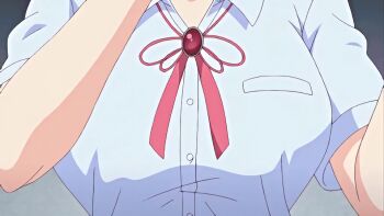 1boy 1girl animated animated_gif anime_screenshot bouncing_breasts bra bra_lift breast_focus breasts breasts_out clothes_lift large_breasts lifting_another&#039;s_clothes nipples open_clothes open_shirt pink_bra poro sexually_suggestive shirt short_sleeves soshite_watashi_wa_sensei_ni... underwear undressing white_shirt