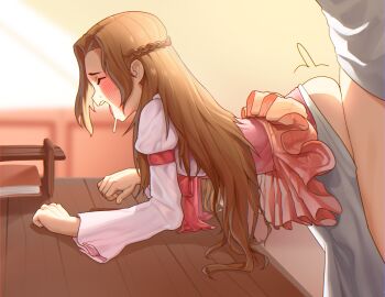 1boy 1girl ass book braid brown_hair clothed_sex code_geass crown_braid dress hetero highres huge_filesize loli long_hair nunnally_vi_britannia otjareniy sex sex_from_behind solo_focus table