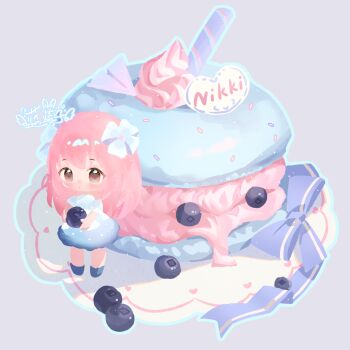 Rule 34 | :o, bare shoulders, blue boots, blue bow, blue dress, blue outline, blue sleeves, blueberry, blush, boots, bow, brown eyes, character name, commentary request, detached sleeves, dress, food, fruit, fur-trimmed dress, fur-trimmed sleeves, fur trim, grey background, hair bow, highres, holding, holding food, holding fruit, icing, lanlan zhi jiabing, light particles, long hair, macaron, medium dress, nikki (nikki), nikki (series), no lineart, official alternate color, outline, oversized food, oversized object, paper airplane, parted lips, pink hair, purple bow, shining nikki, short sleeves, simple background, sprinkles, star-filled rainbow (shining nikki), strapless, strapless dress, tareme, watermark