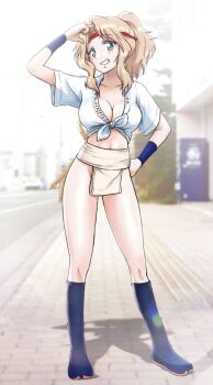 1girl alternate_costume black_boots black_socks blonde_hair blue_eyes blurry blurry_background boots commentary_request full_body fundoshi girls_und_panzer hand_on_own_hip highres hiyama_yuu_(wee259hiyama) japanese_clothes kay_(girls_und_panzer) loincloth mizu_happi navel outdoors ponytail sleeveless smile socks standing teeth