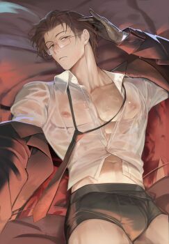 1boy abs absurdres arm_up artist_name bara bare_pectorals bed bed_sheet black-framed_eyewear black-framed_glasses black_gloves black_male_underwear black_necktie boxers briefs brown_hair bulge closed_mouth collarbone collared_shirt come_hither covered_erect_nipples cowboy_shot dress_shirt expressionless facial_hair formal_clothes from_above glasses gloves gregor_(project_moon) hair_between_eyes half-closed_eyes hand_in_own_hair hand_up highres indoors jacket jitome large_pectorals limbus_company long_hair long_sleeves looking_at_viewer looking_to_the_side loose_necktie low_ponytail lying male_focus male_underwear muscular muscular_male navel necktie nipples no_pants off-shoulder_jacket off_shoulder on_back on_bed open_clothes open_jacket open_shirt parted_bangs partially_unbuttoned pectoral_cleavage pectorals photoshop_(medium) pillow ponytail project_moon red_jacket sanpaku see-through_clothes see-through_shirt semi-rimless_eyewear shirt short_hair signature solo stomach stubble suit suit_jacket thighs toned toned_male unbuttoned unbuttoned_shirt under-rim_eyewear underwear wet wet_clothes wet_hair wet_shirt white_shirt yellow_eyes