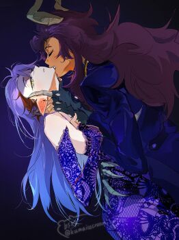 2girls amity_blight biting black_fur demon_girl dress eyebrow_cut formal_clothes head_back horns kuma20151225 lace lace-trimmed_dress lace_trim long_hair luz_noceda luz_noceda_(titan) multiple_girls pointy_ears purple_dress purple_hair suit the_owl_house very_long_hair yellow_eyes yuri