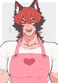 1boy animal_ear_fluff animal_ears black_hair blush body_fur closed_eyes collarbone dog_boy dog_ears fangs grey_background hair_between_eyes happy heart heart_print highres komano_manato male_focus multicolored_hair muscular muscular_male nayu_kaya open_mouth pectorals red_hair scar scar_across_eye scar_on_face shirt smile smock solo tongue twitter_username white_shirt zenless_zone_zero