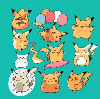 Rule 34 | :3, aqua background, balloon, black eyes, closed eyes, closed mouth, commentary request, double v, electricity, fat pikachu, from behind, full body, gen 1 pokemon, highres, lightning bolt symbol, multiple views, nintendo, no humans, open mouth, pikachu, pokemon, pokemon (creature), pokemon focus, simple background, surfboard, surfing, tail, v, yellow fur, zuxu zz