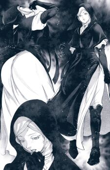 Rule 34 | 1girl, ass, black boots, black capelet, black hood, boots, capelet, coif, commentary request, elden ring, elden ring nightreign, highres, kedama kvn, licking, licking hand, monochrome, multiple views, nun, parted lips, signature, simple background, standing, undertaker (elden ring), white coif