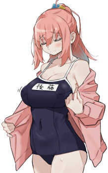 ... 1girl absurdres alternate_hairstyle bare_shoulders blue_one-piece_swimsuit bocchi_the_rock! breasts cleavage closed_eyes closed_mouth commentary_request covered_erect_nipples covered_navel cowboy_shot cube_hair_ornament embarrassed facing_viewer gotoh_hitori hair_ornament highres jacket large_breasts long_hair long_sleeves name_tag one-piece_swimsuit open_clothes open_jacket pink_hair pink_jacket ponytail sattinittas school_swimsuit simple_background solo speech_bubble spoken_ellipsis swimsuit undressing white_background
